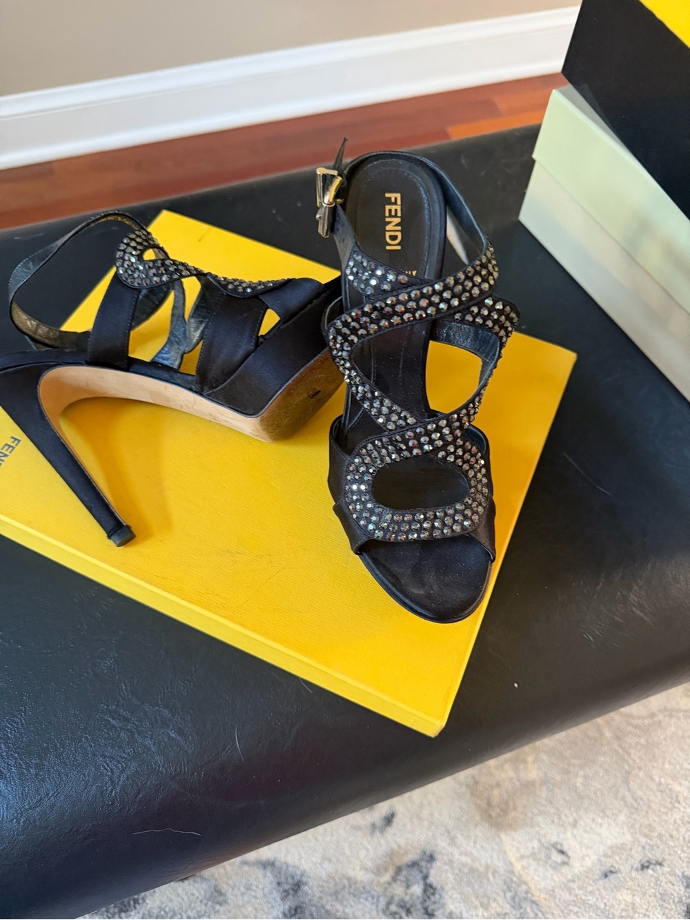 Fendi Black Crystal-Embellished Strappy Stiletto Sandals